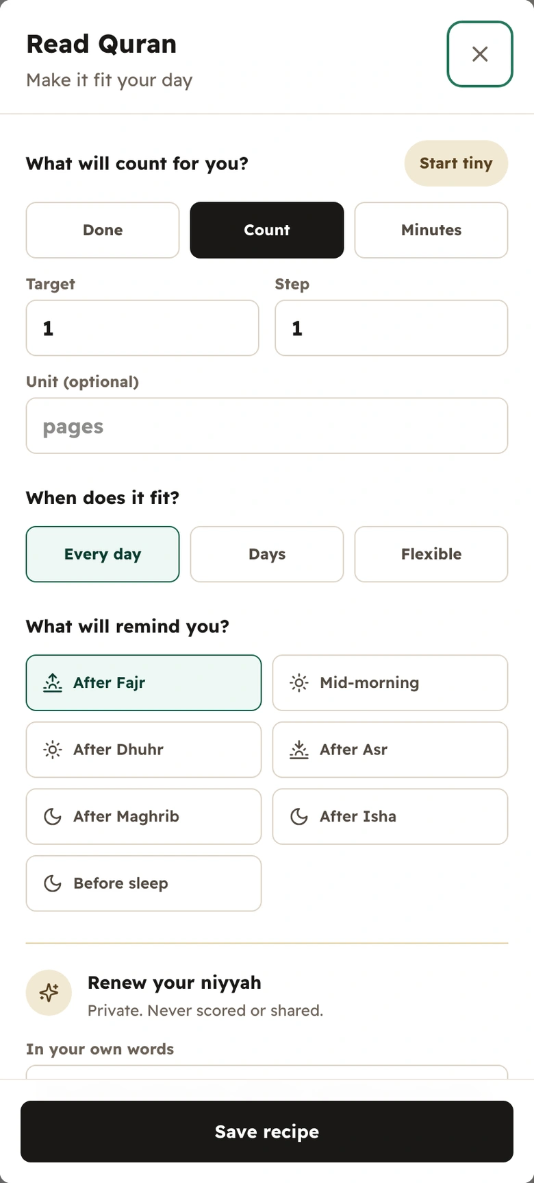 Dayma’s English practice editor with a synthetic Qur’an practice: one page, a daily schedule and After Fajr selected.