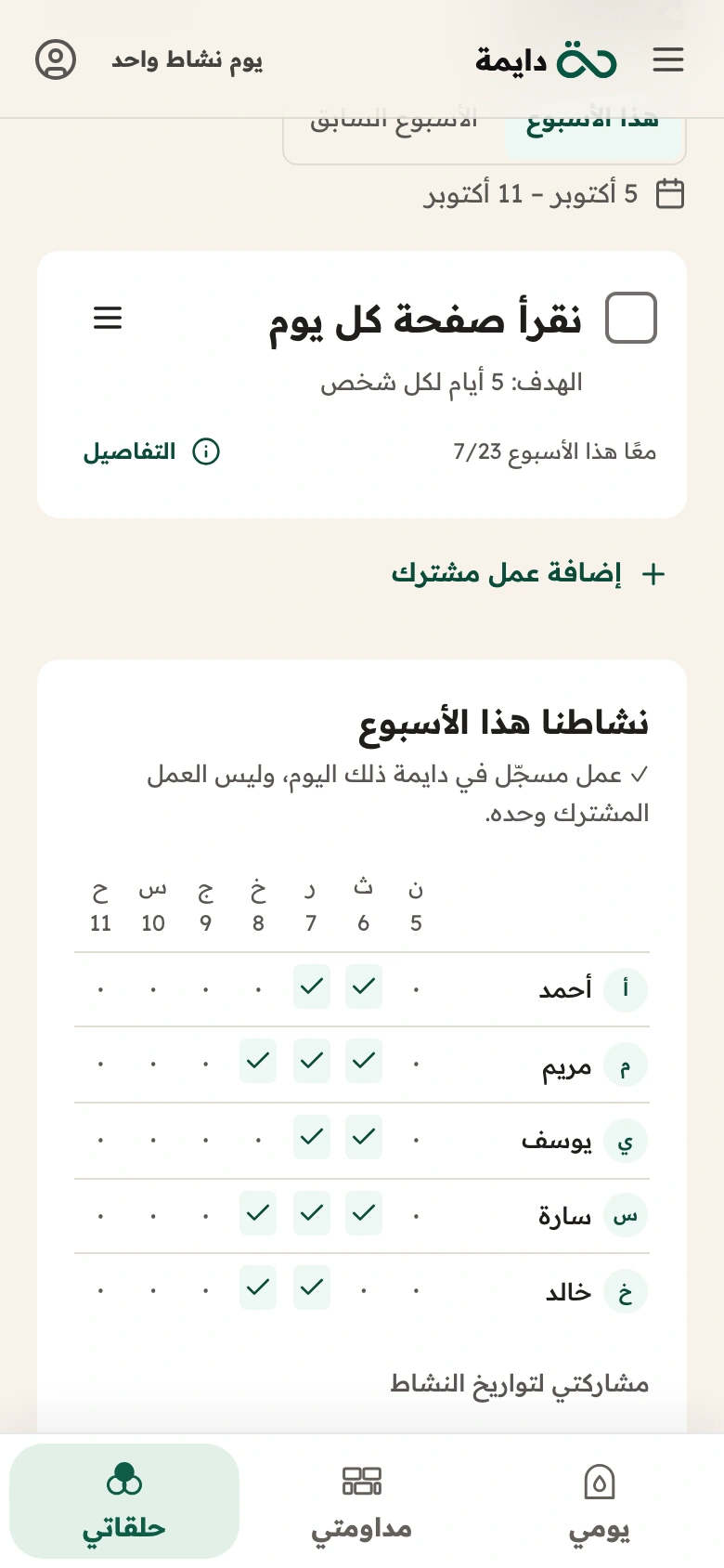 حلقة في دايمة بالعربية بأعضاء توضيحيين: العمل المشترك «نقرأ صفحة كل يوم»، وجدول «نشاطنا هذا الأسبوع» للأيام التي اختار الأعضاء مشاركتها.