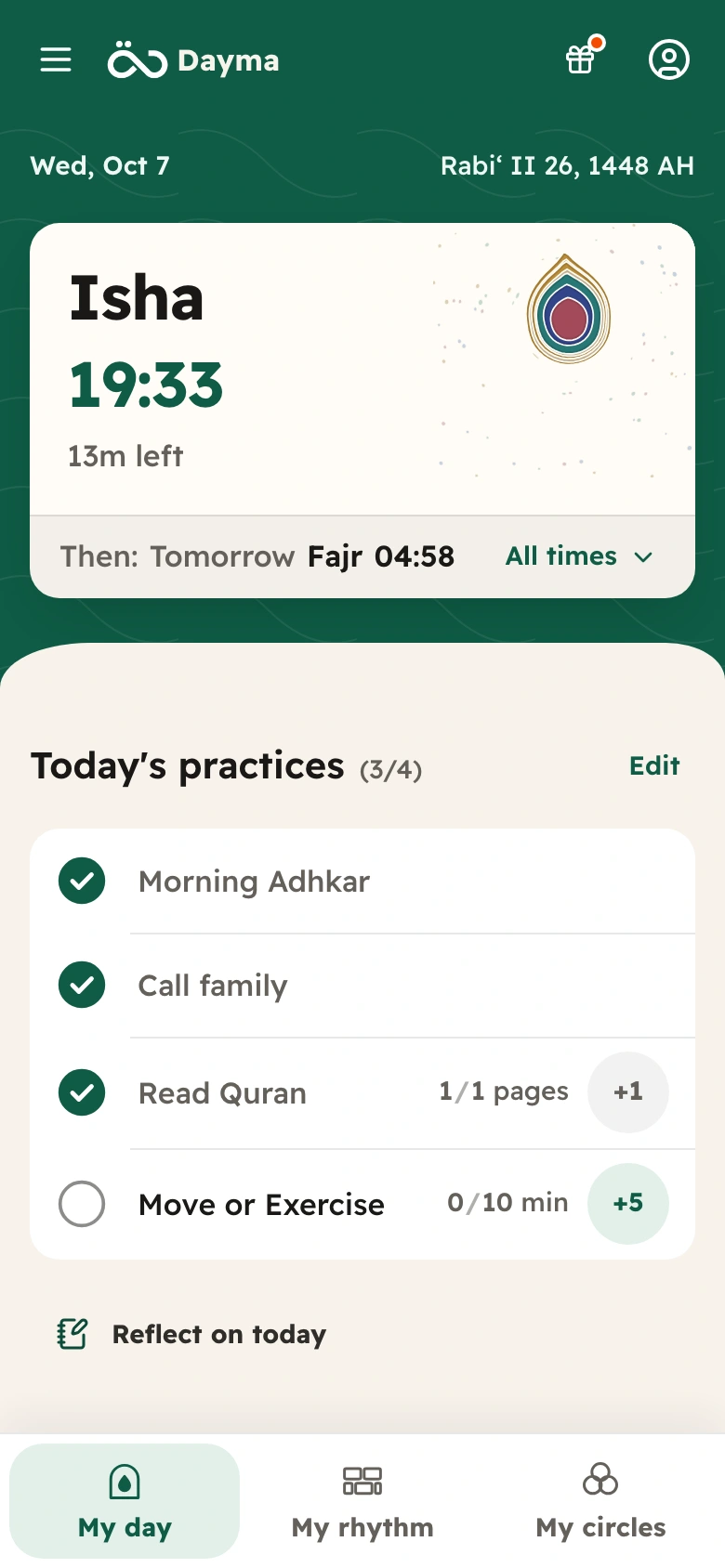 Dayma’s English Today screen with illustrative data: Isha at 19:33 in a prayer card with the day flower, and three of four practices marked done.